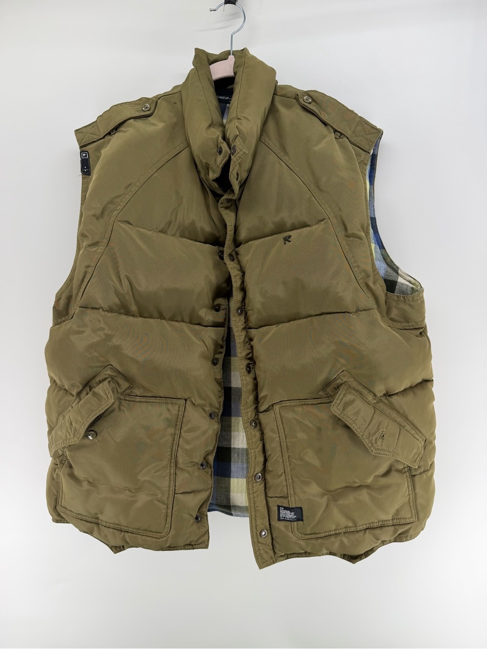 Rocawear Olive Green Puffer Vest Large Plaid Flannel Lining Urban Y2K Streetwear
